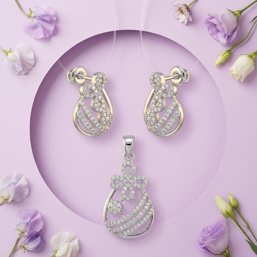 Silvme pure 925 sterling silver floral drop pendant and drop earrings set with cubic zirconia, front view on white background