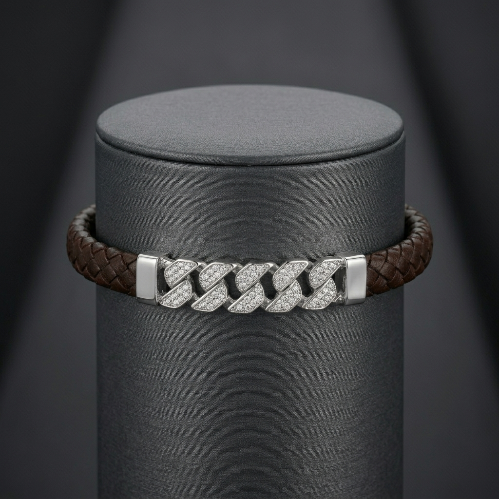 Full length of the braided cord bracelet with pave bar showing its brown cord with silver-tone fittings finish