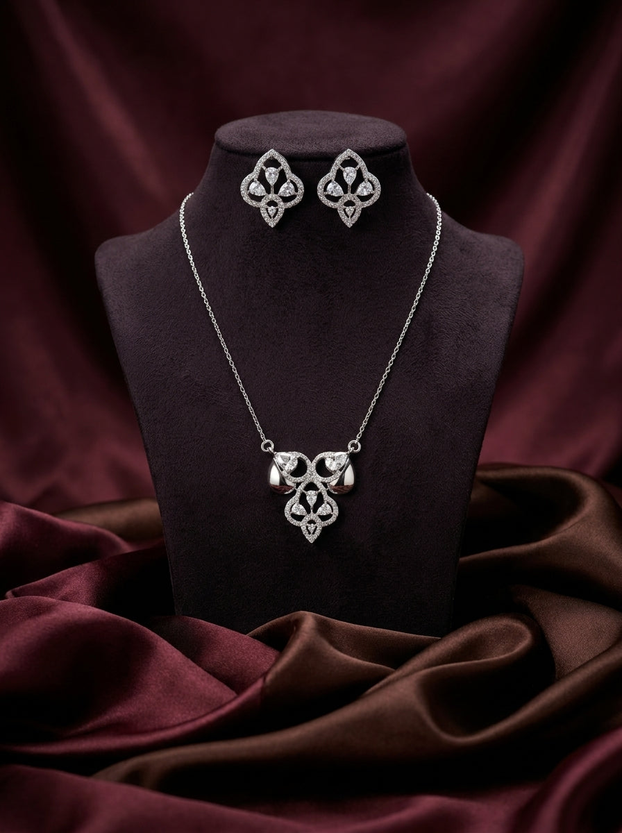 Silvme pure 925 sterling silver ornate petal pendant necklace and stud earrings set with cubic zirconia, chain and pendant view