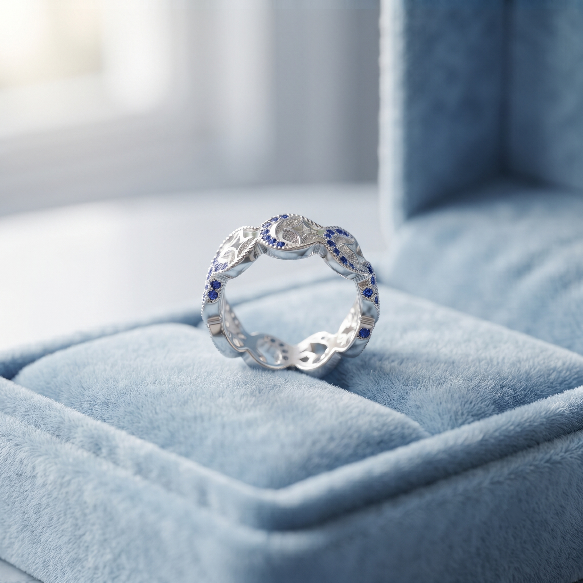 Comfort-fit 925 sterling silver blue stone link ring for women in Indian ring sizes