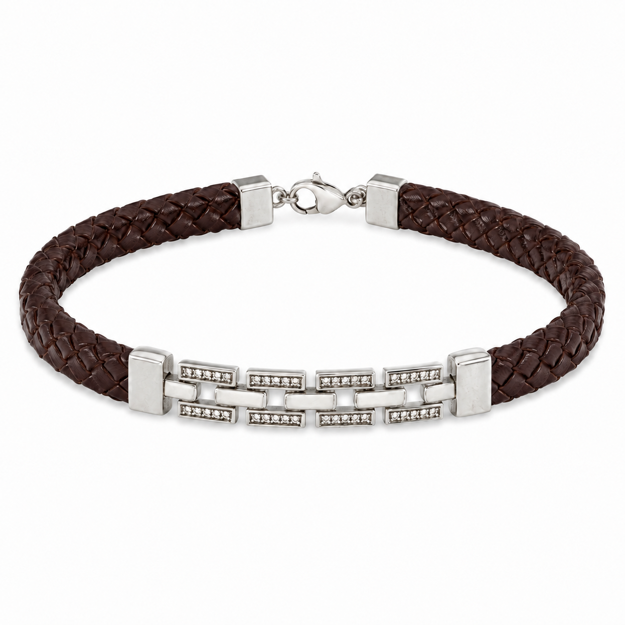 Link pattern and surface detail across the braided cord bracelet with silver-tone bar by Silvme
