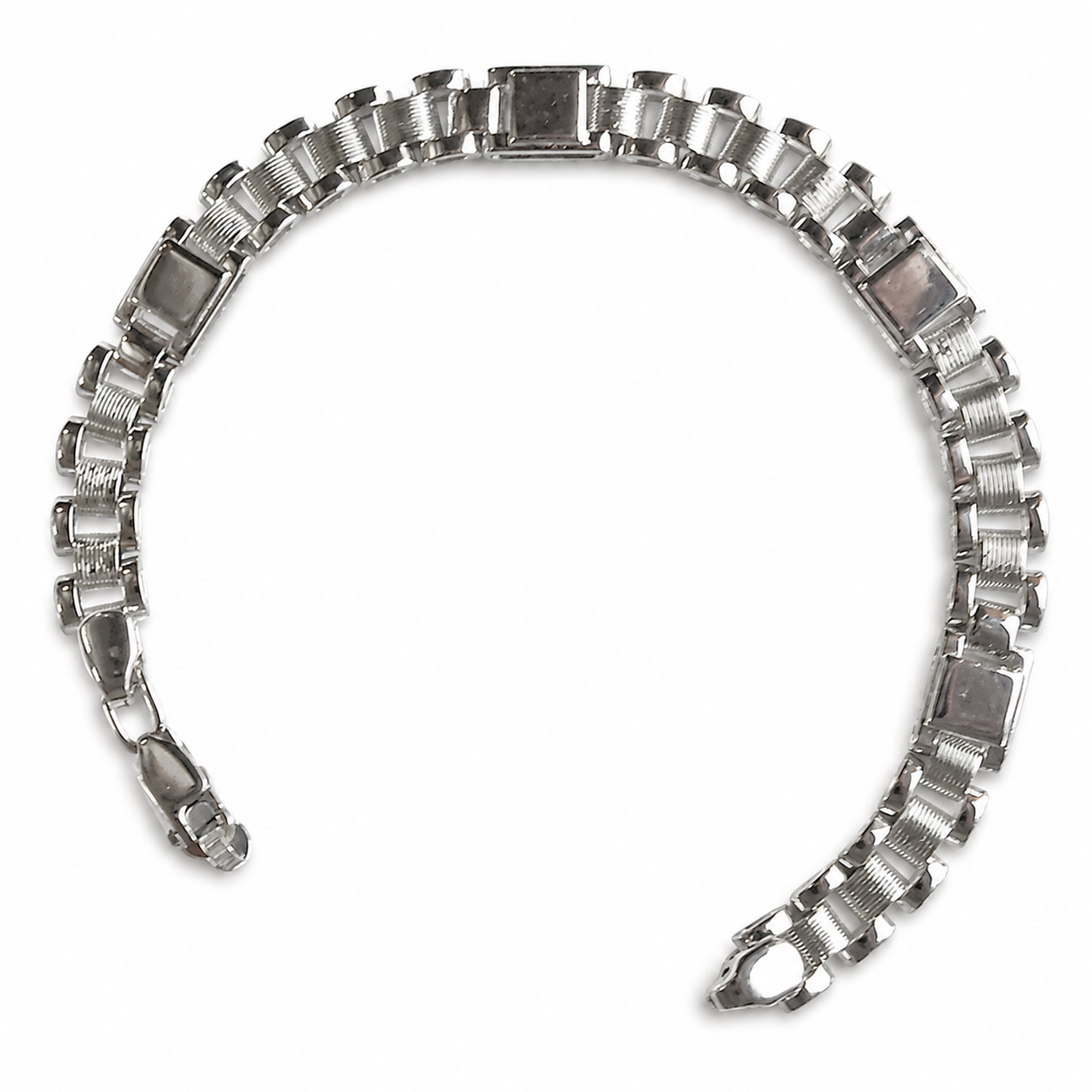 Silvme 925 sterling silver wide panel link bracelet for men curved on a white background