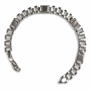 Silvme 925 sterling silver wide panel link bracelet for men curved on a white background