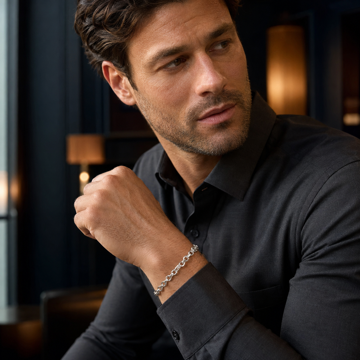 The greek key mariner bracelet for men shown against a plain studio background