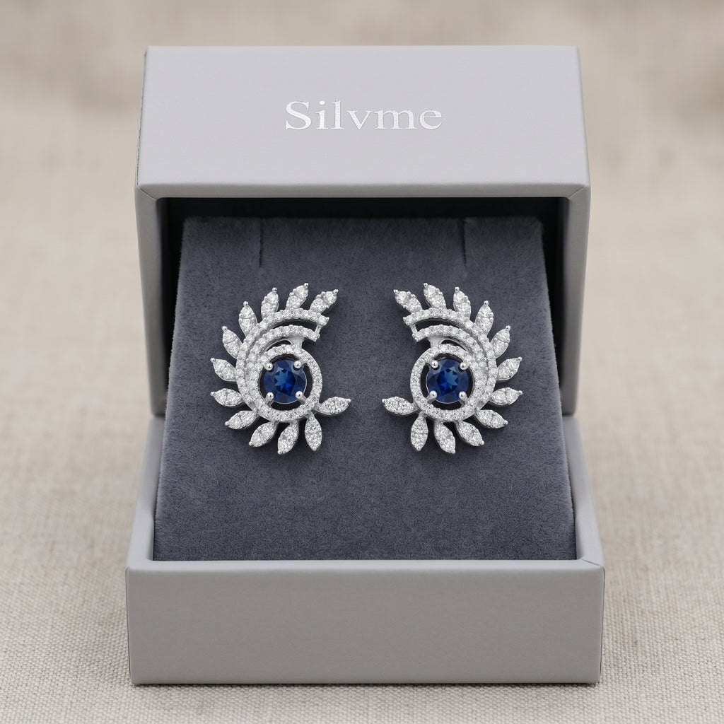 Silvme Pure 925 Sterling Silver Sapphire Halo Feather Leaf Stud Earrings — View 3