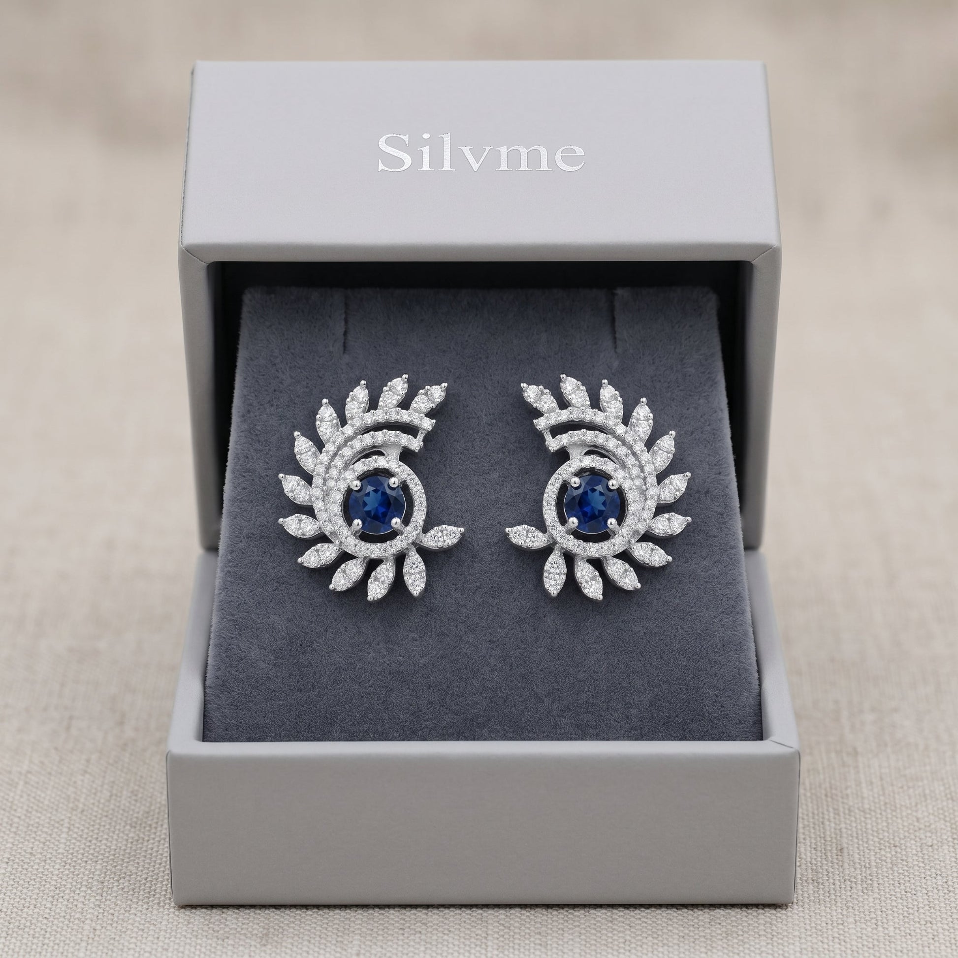 Blue Stone-Set Halo Feather-Leaf Stud Earrings, additional product view 5