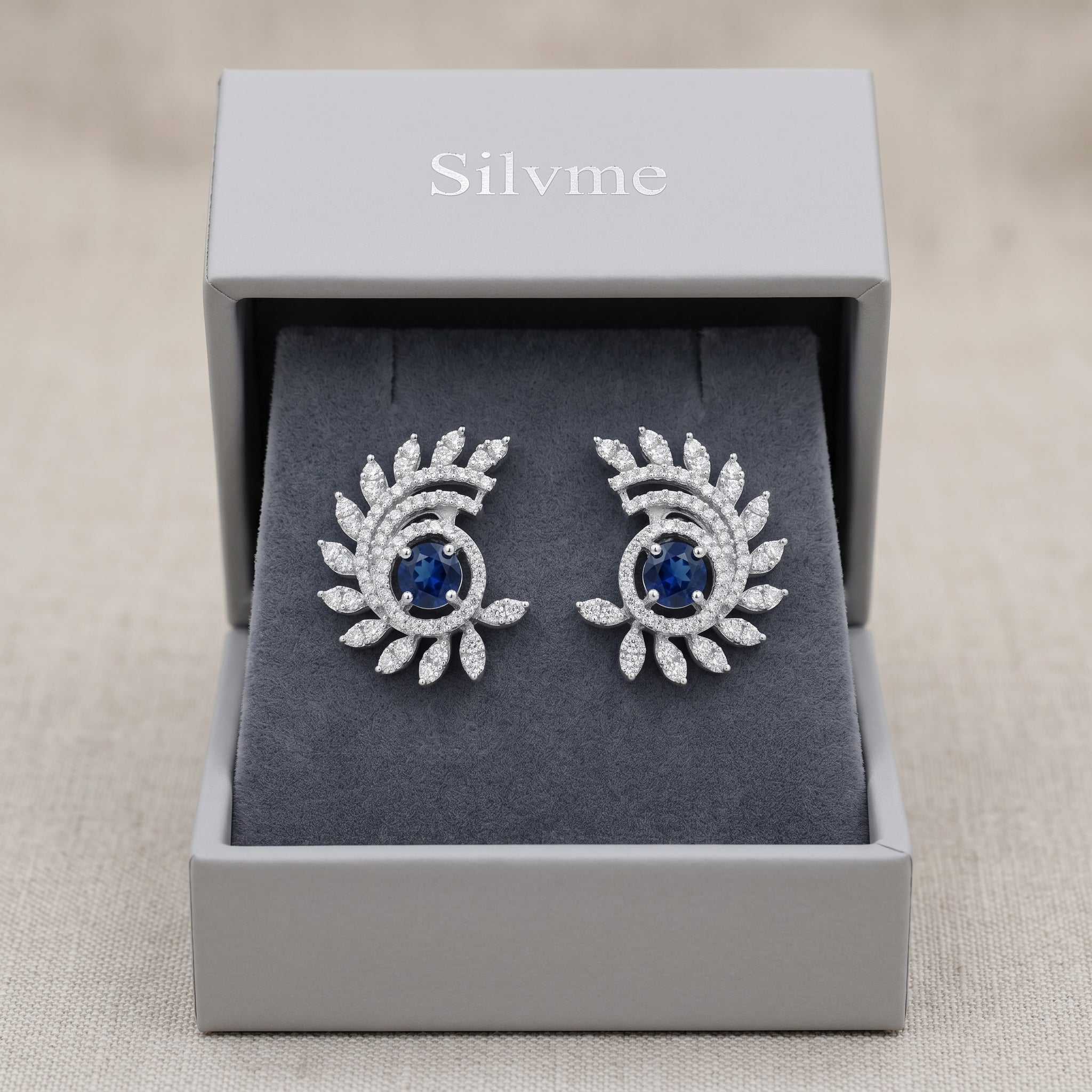 Silvme Pure 925 Sterling Silver Sapphire Halo Feather Leaf Stud Earrings — View 3