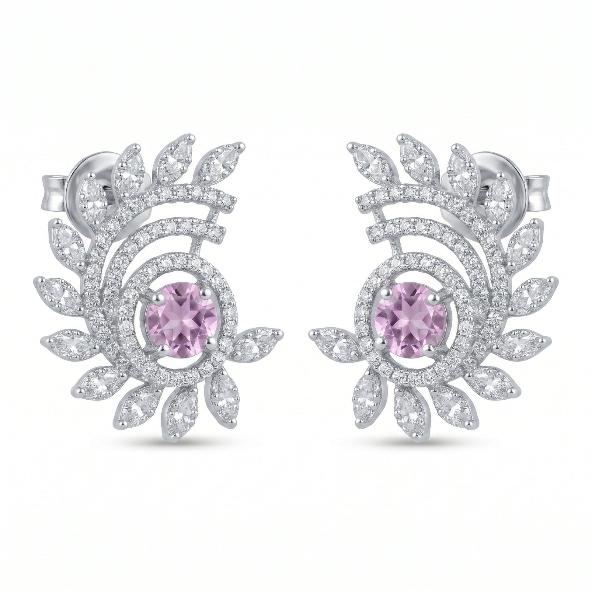 Pink-Centre Feather-Leaf Stud Earrings, front product view