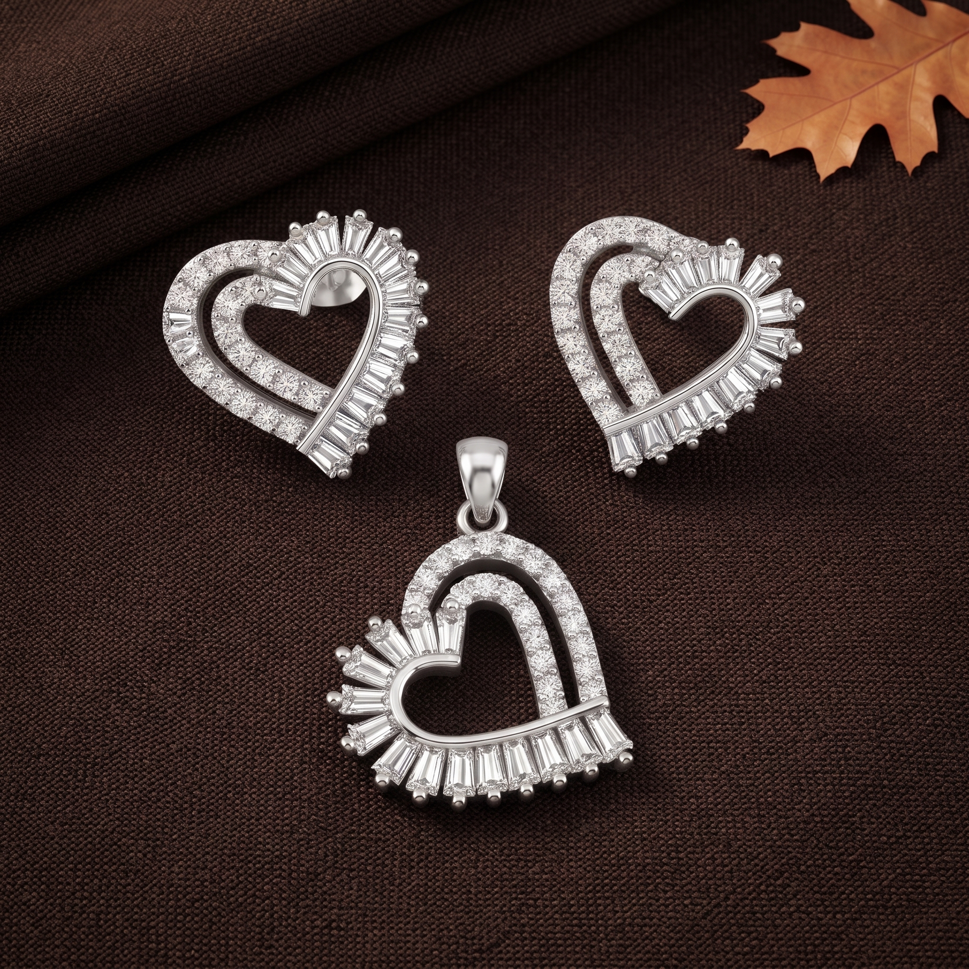 Silvme 925 silver baguette heart pendant and stud earrings with cubic zirconia, model styling view