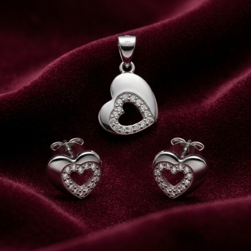Silvme pure 925 sterling silver open heart pendant and stud earrings set with cubic zirconia, front view on white background