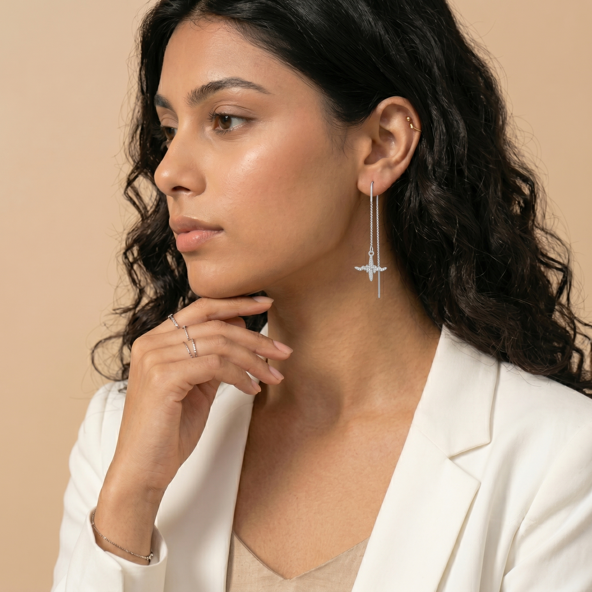 Heartbeat Pulse Wave Stone-Set Threader Earrings, close-up detail, view 5