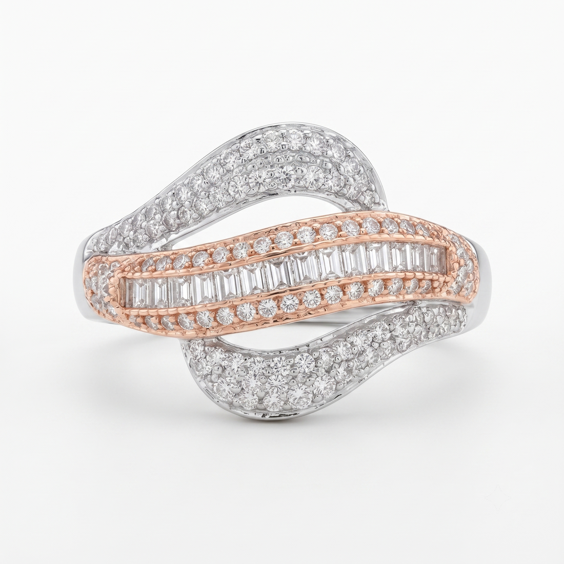 Silvme two-tone bypass baguette 925 sterling silver ring for women with rose gold-tone band framed by baguette-cut stones