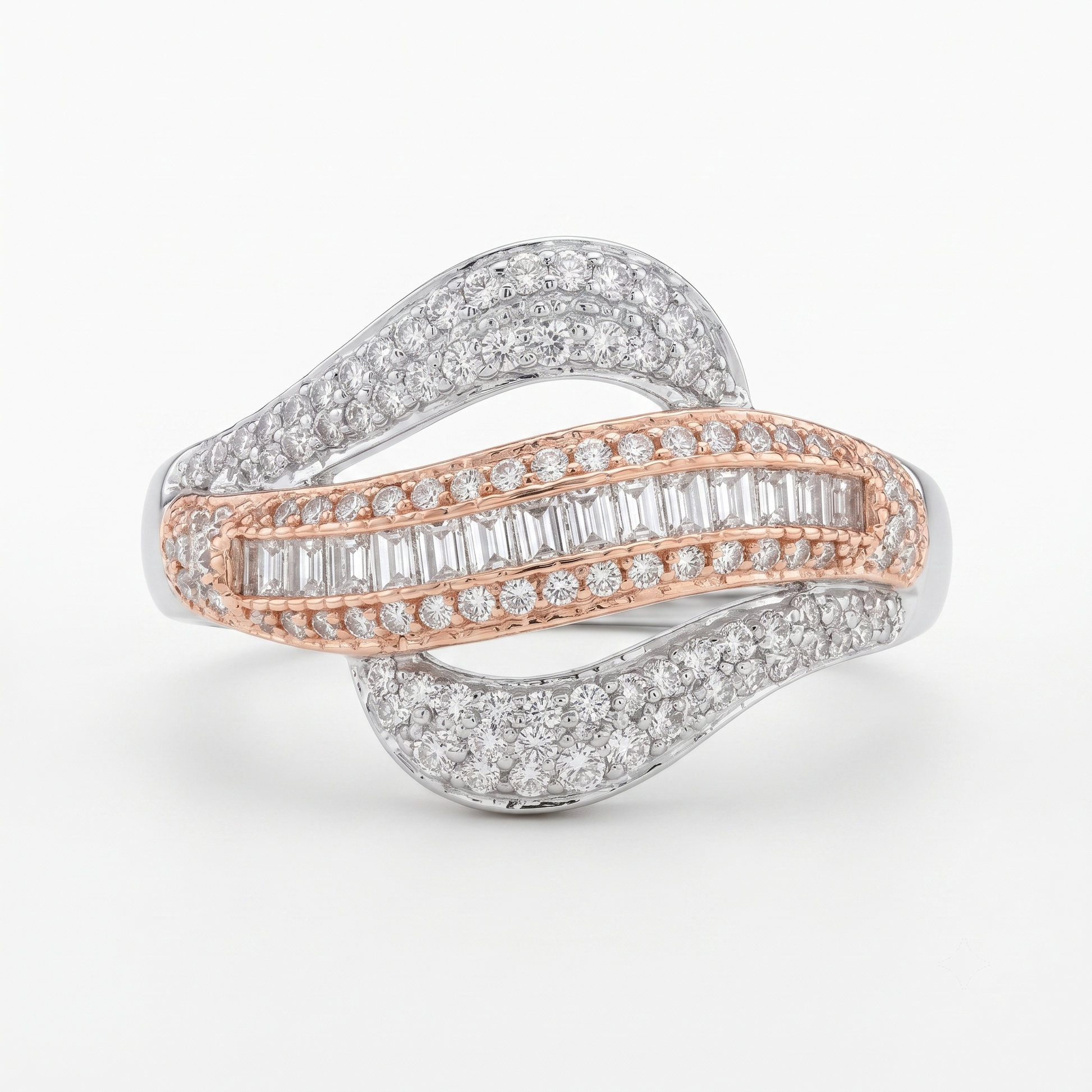 Silvme two-tone bypass baguette 925 sterling silver ring for women with rose gold-tone band framed by baguette-cut stones