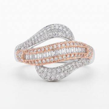 Silvme two-tone bypass baguette 925 sterling silver ring for women with rose gold-tone band framed by baguette-cut stones