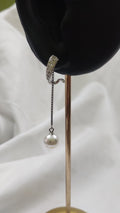 Silvme Pure 925 Sterling Silver Leaf Feather CZ Pearl Chain Drop Earrings — Front View