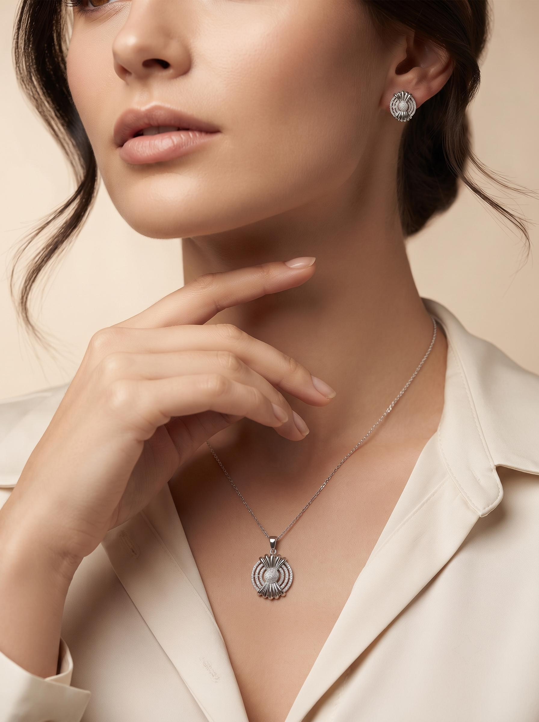 Silvme 925 silver starburst medallion pendant and stud earrings with cubic zirconia, styled product image