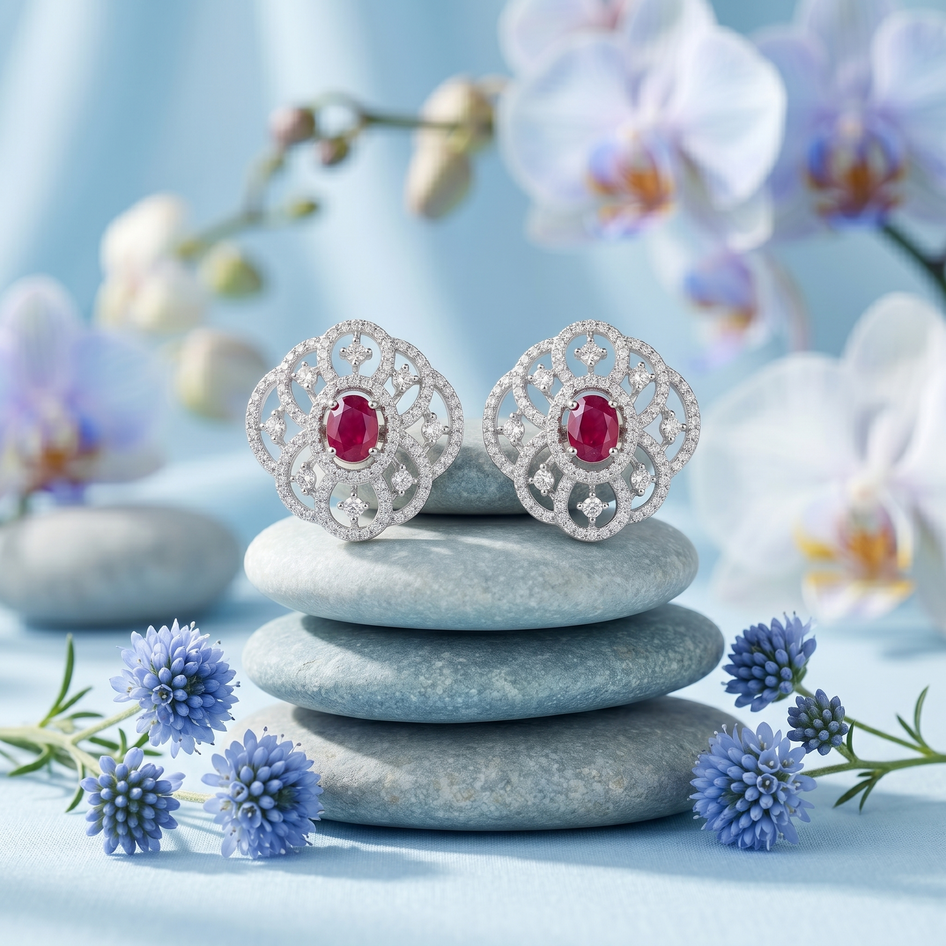 Pink Oval Filigree-Halo Stud Earrings, additional product view 8