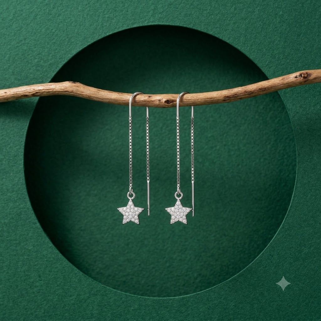 Stone-Set Pave Star Charm Threader Earrings, close-up detail, view 5