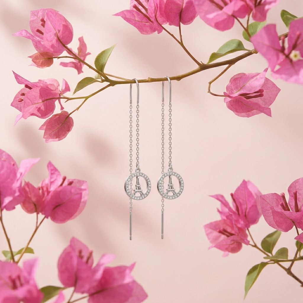 Eiffel Tower Halo Threader Earrings, alternate angle