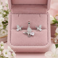 Silvme 925 silver pink butterfly pendant and stud earrings with pink cubic zirconia, matching earrings close-up