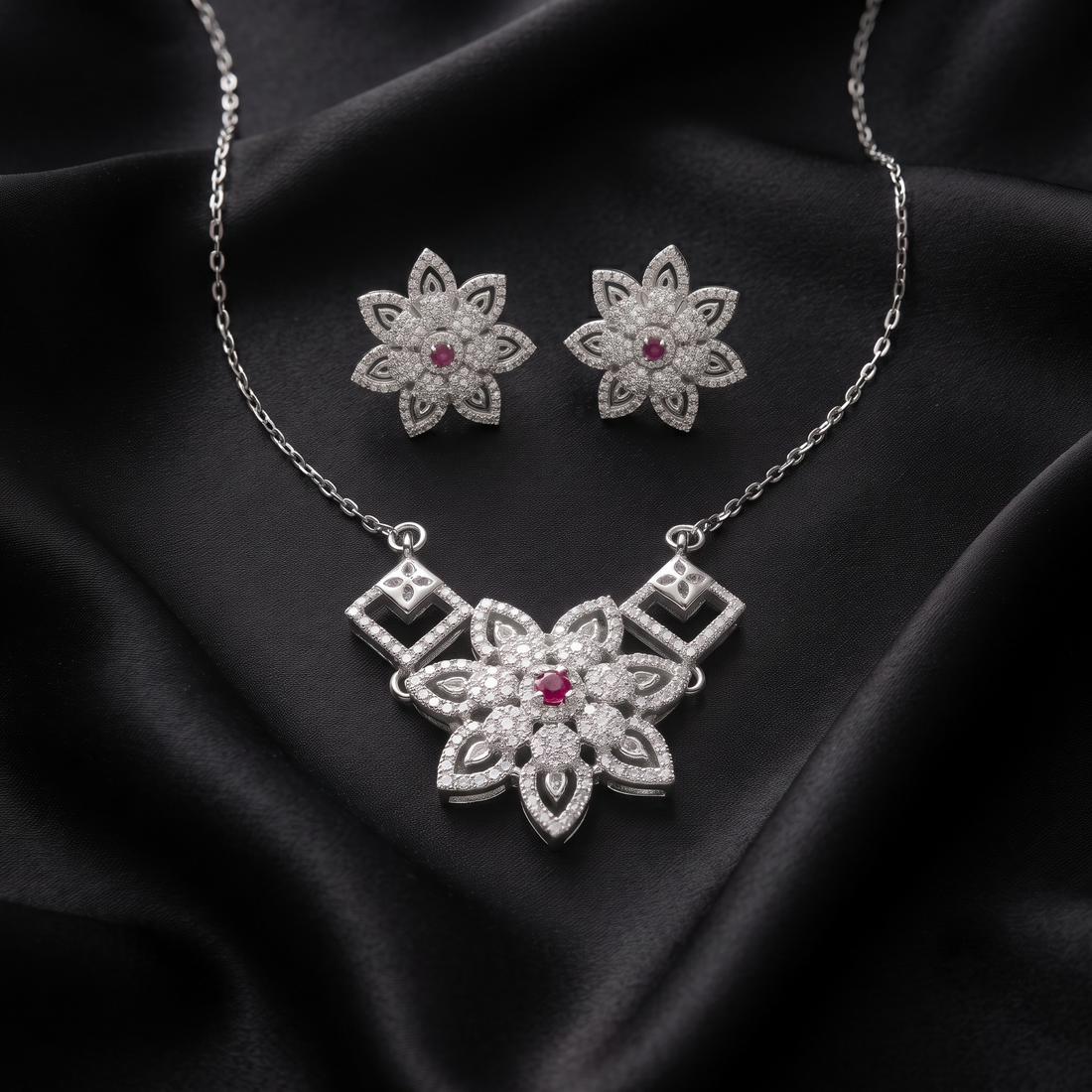 Sparkling Cubic Zirconia 925 sterling silver pendant necklace and stud earrings jewellery set with cubic zirconia by Silvme â€” full necklace and earrings view