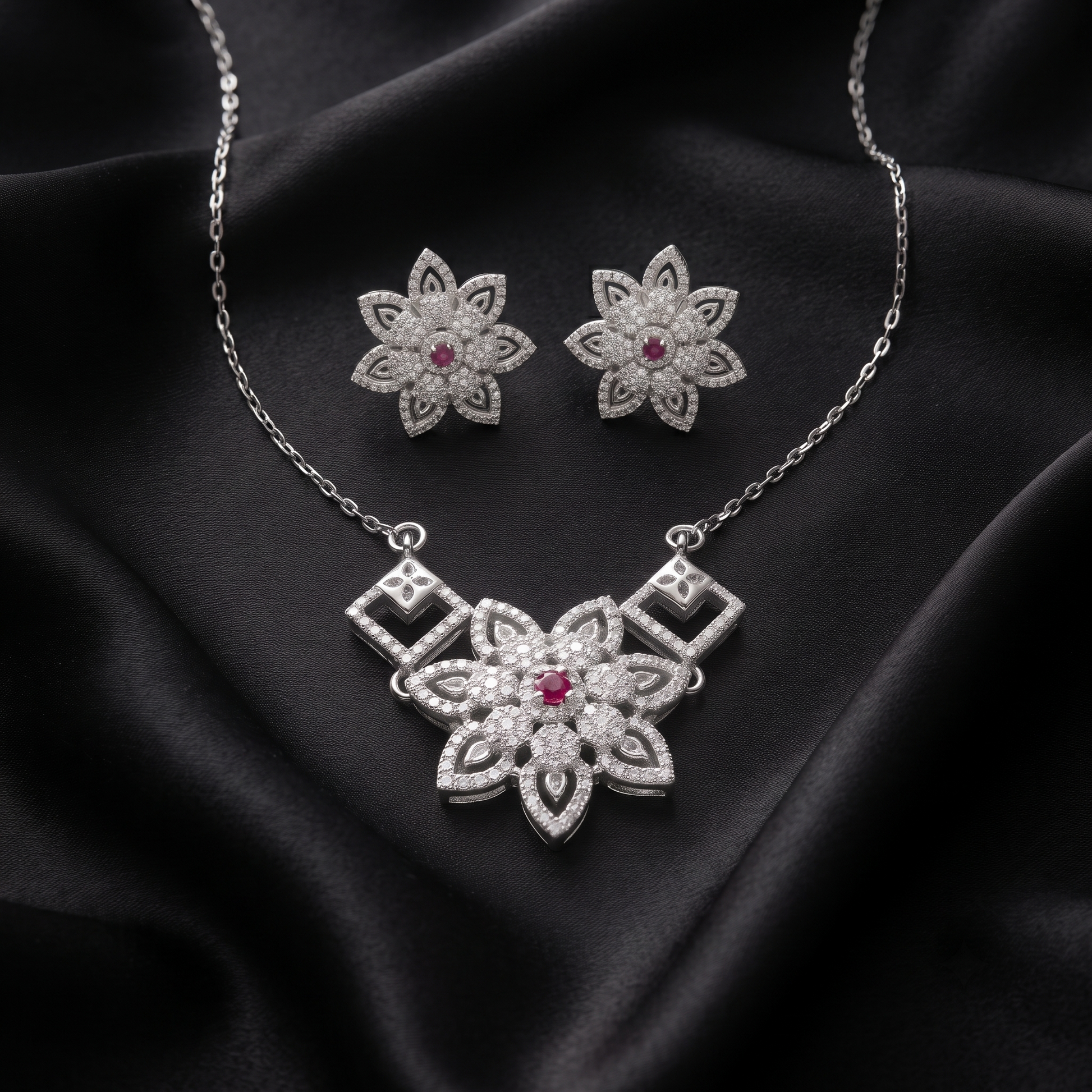 Sparkling Cubic Zirconia 925 sterling silver pendant necklace and stud earrings jewellery set with cubic zirconia by Silvme â€” full necklace and earrings view
