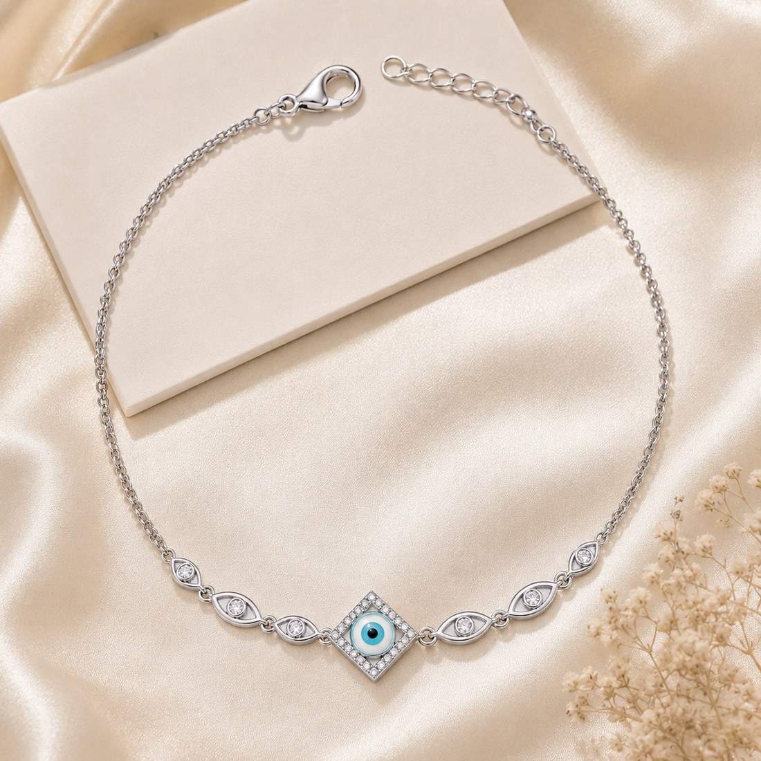 Silvme 925 sterling silver rhombus CZ evil eye anklet with a rhombus CZ frame around an evil-eye, white background full view