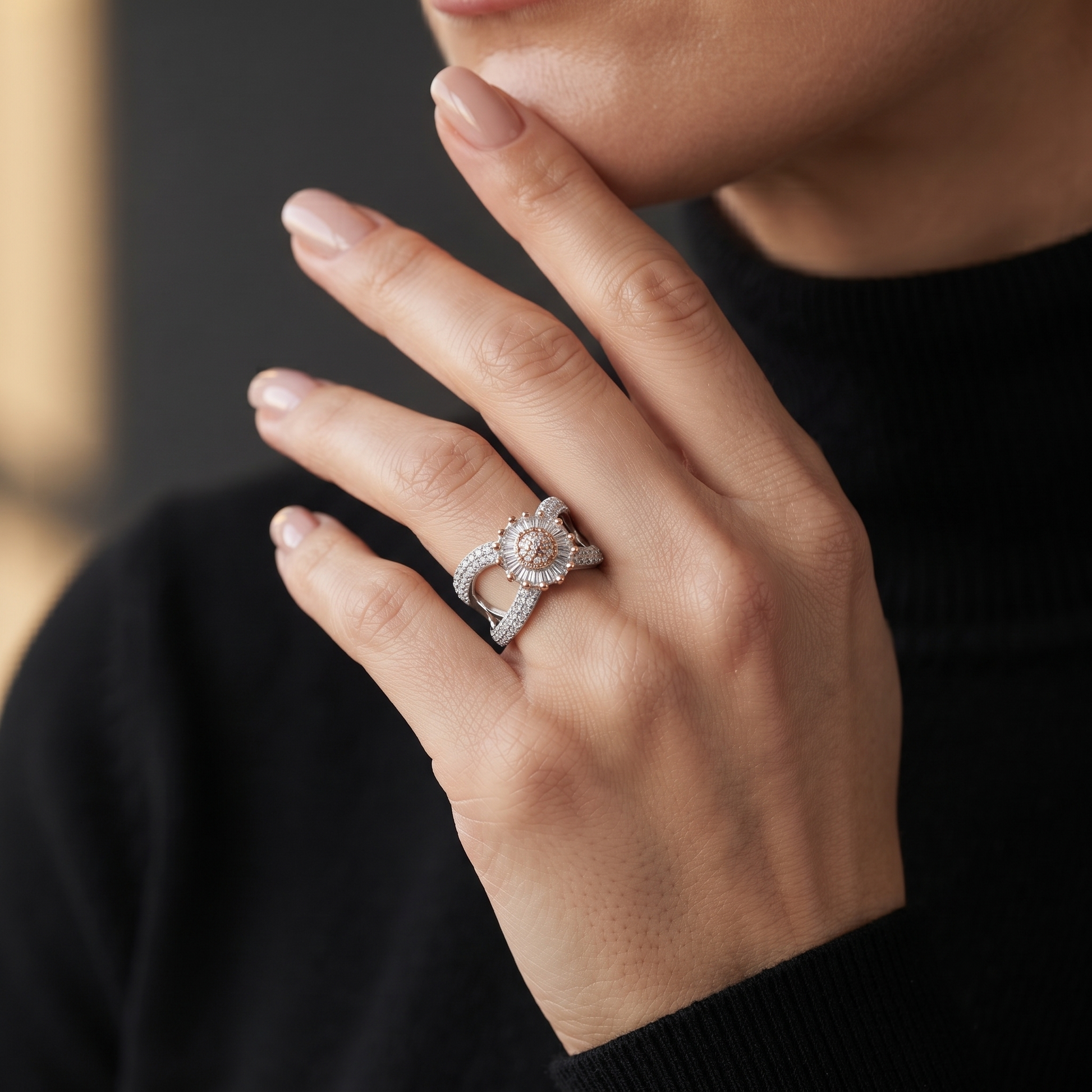 925 silver two-tone floral halo statement ring for women - birthday and anniversary gift for wife, girlfriend or sister