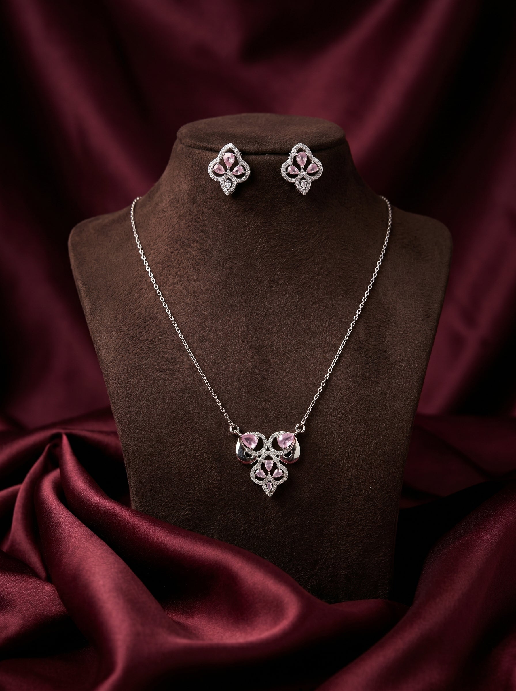 Silvme pure 925 sterling silver pink drop cluster pendant necklace and stud earrings set with pink cubic zirconia, matching earrings close-up