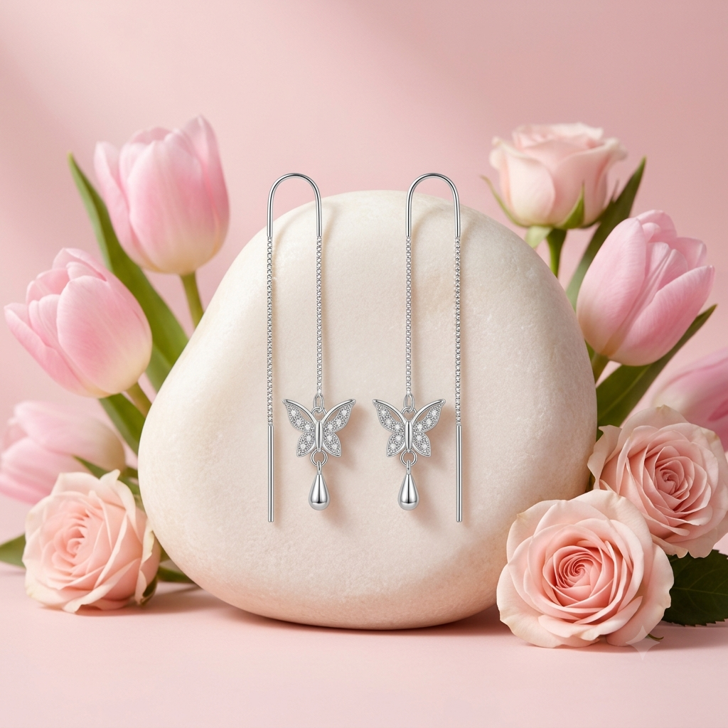 Butterfly Teardrop Charm Threader Earrings, additional product view 10