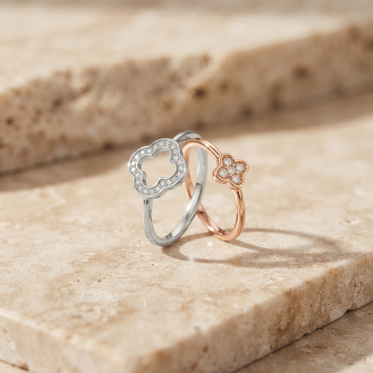 Silvme Flower Stack with cubic zirconia 925 sterling silver floral ring for women, two-tone rose gold and silver, minimal silver ring, geometric silver ring, front view