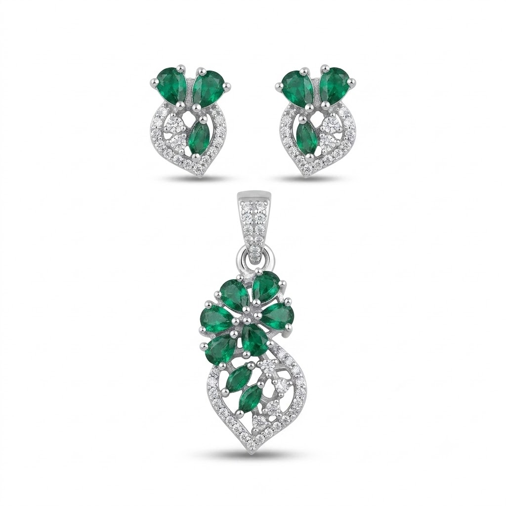 Silvme pure 925 sterling silver green floral pendant and stud earrings set with green cubic zirconia, front view on white background
