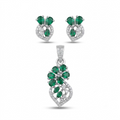 Silvme pure 925 sterling silver green floral pendant and stud earrings set with green cubic zirconia, front view on white background
