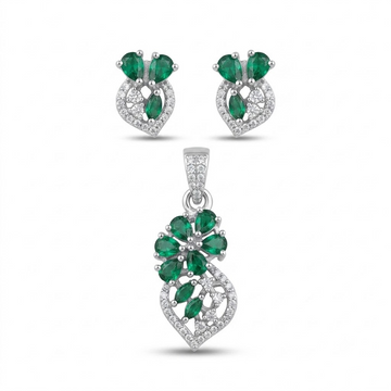 Silvme pure 925 sterling silver green floral pendant and stud earrings set with green cubic zirconia, front view on white background