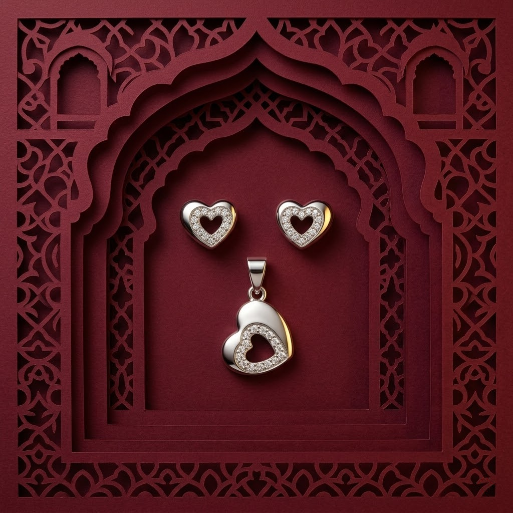 Open Heart 925 sterling silver pendant and stud earrings jewellery set with cubic zirconia by Silvme â€” pendant close-up