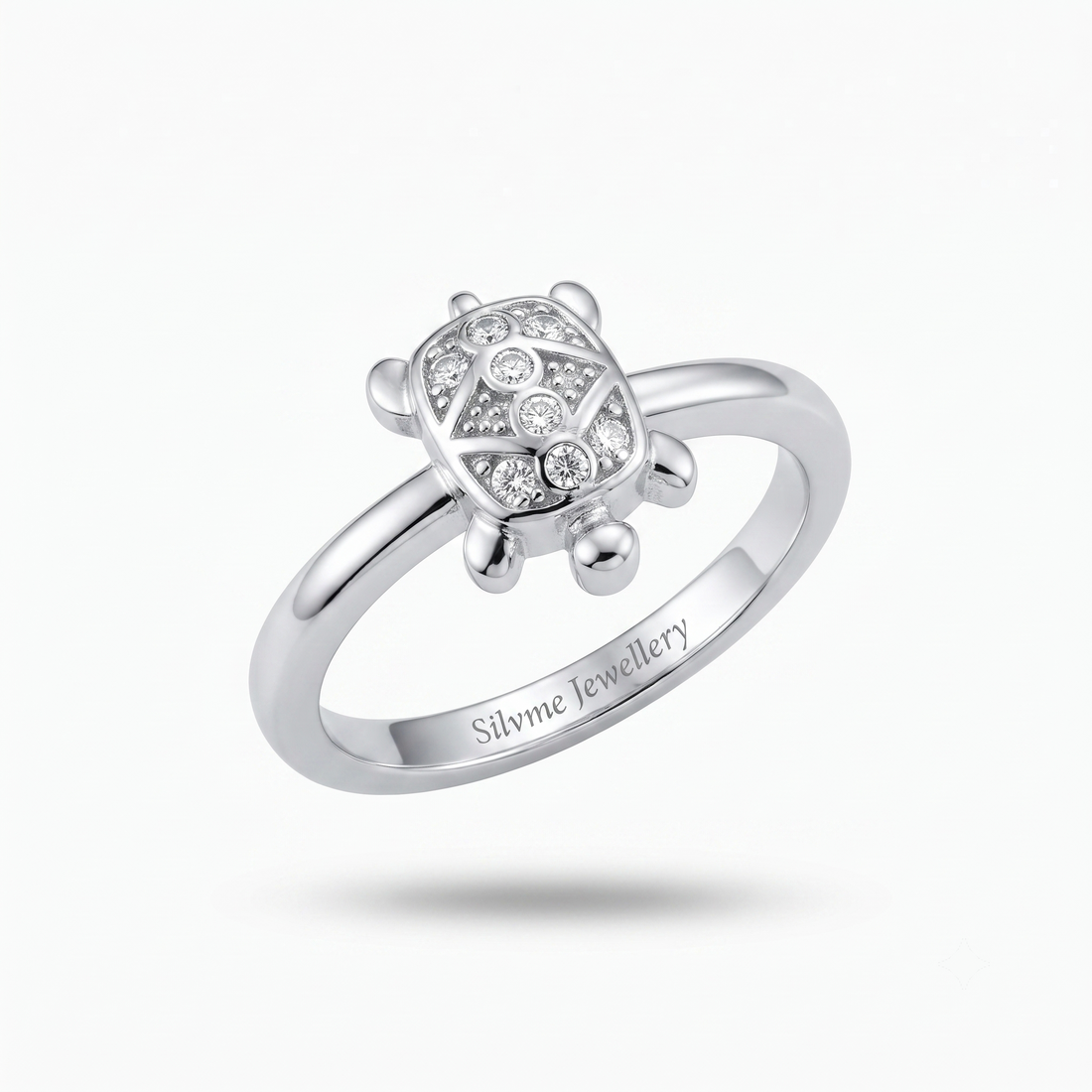 Silvme sparkling turtle 925 sterling silver ring for women with fully stone-set sparkling shell on a slim band