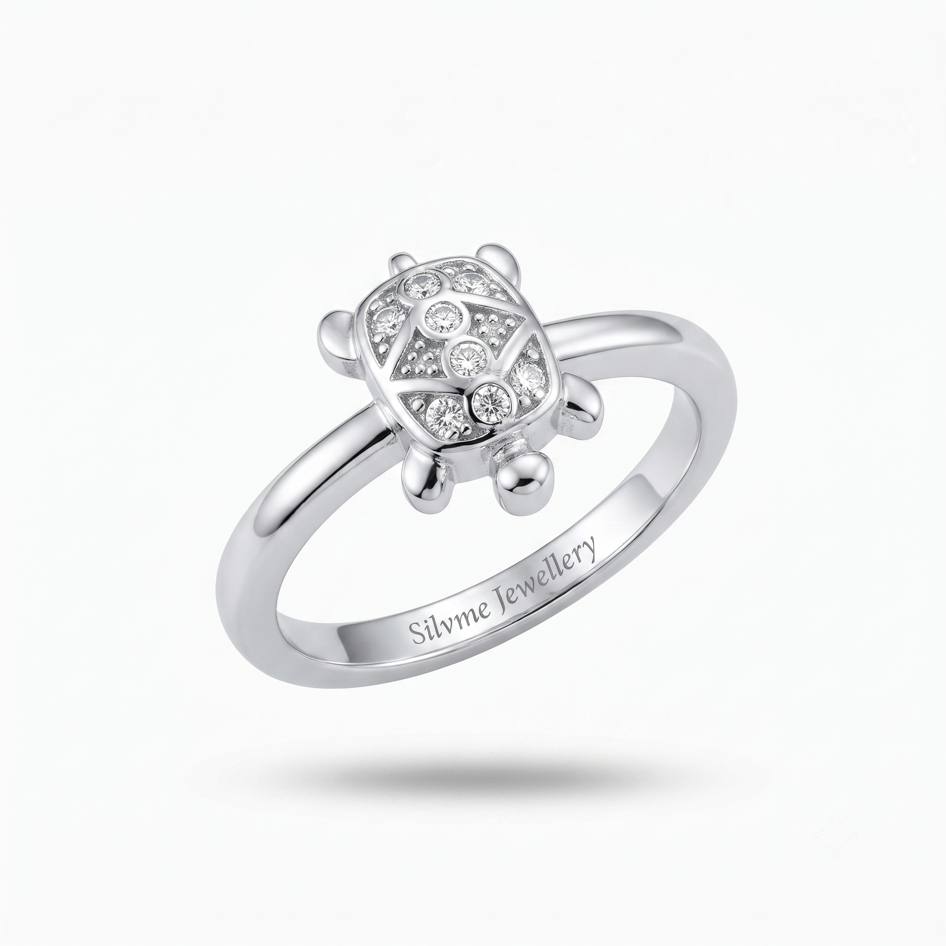 Silvme sparkling turtle 925 sterling silver ring for women with fully stone-set sparkling shell on a slim band