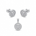 Initial T 925 sterling silver pendant necklace and stud earrings jewellery set with cubic zirconia by Silvme â€” angled studio view