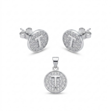 Initial T 925 sterling silver pendant necklace and stud earrings jewellery set with cubic zirconia by Silvme â€” angled studio view