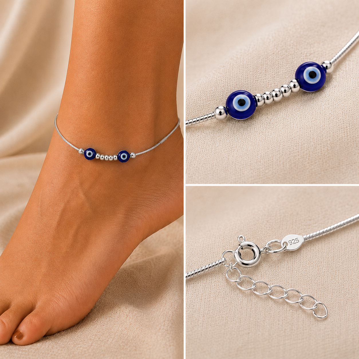 Silvme twin blue evil eye 925 silver anklet with twin blue evil-eye beads with silver beads, full-length view