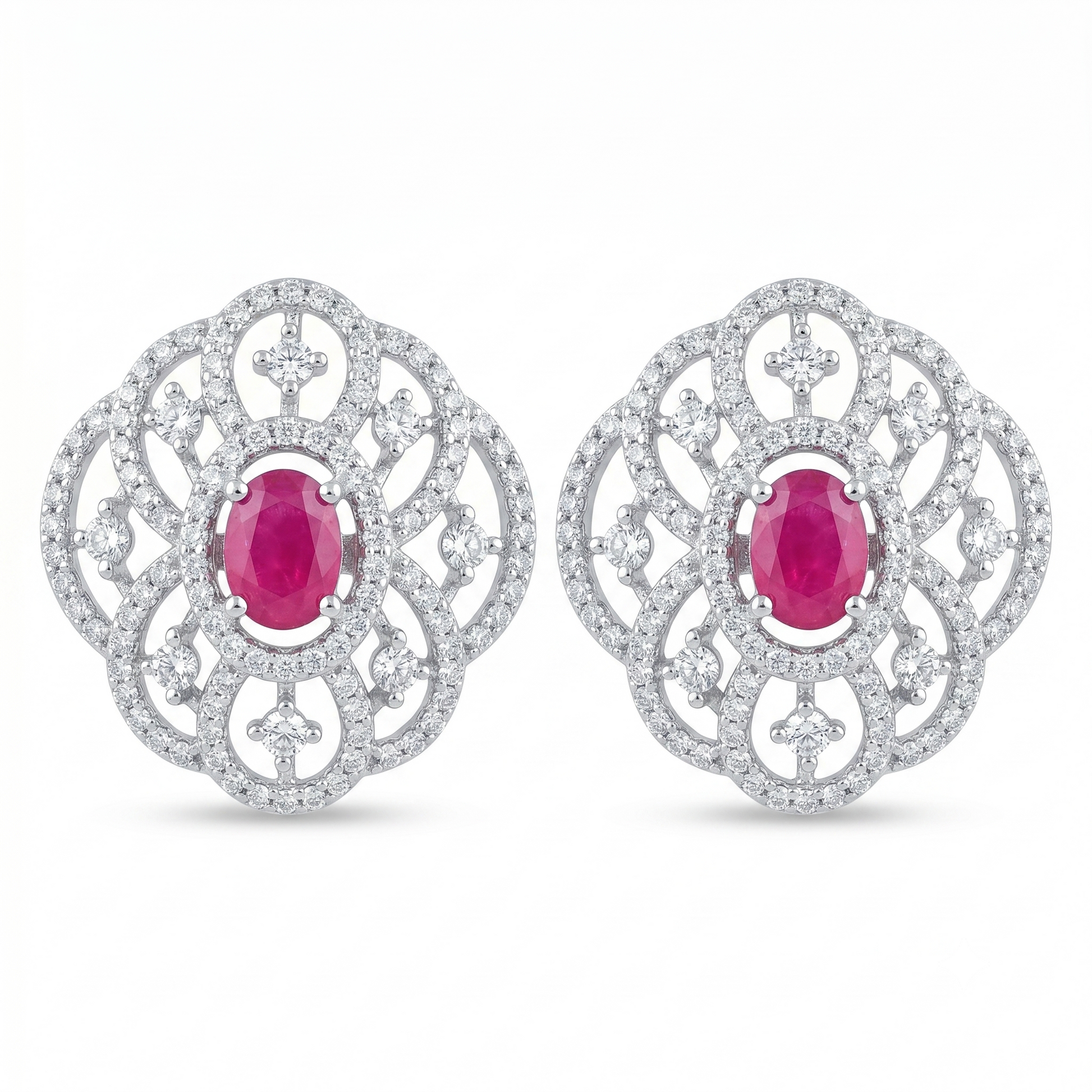 Pink Oval Filigree-Halo Stud Earrings, front product view