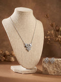 Ornate Petal 925 sterling silver pendant necklace and stud earrings jewellery set with cubic zirconia by Silvme â€” full necklace and earrings view