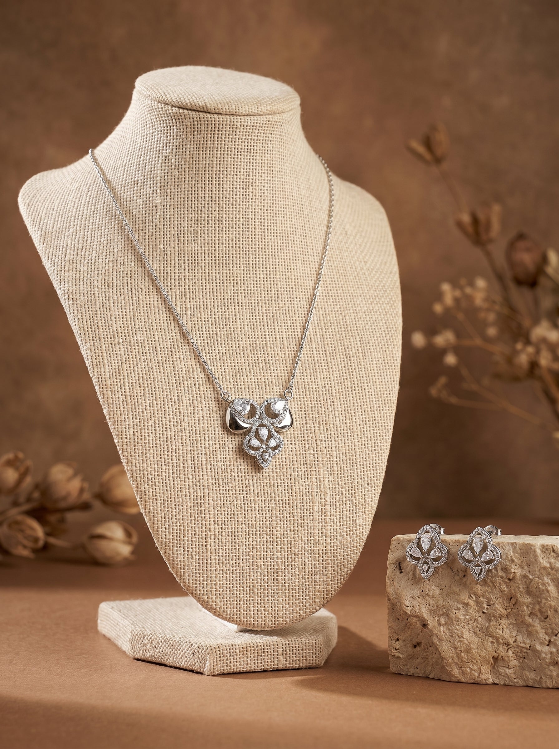 Ornate Petal 925 sterling silver pendant necklace and stud earrings jewellery set with cubic zirconia by Silvme â€” full necklace and earrings view
