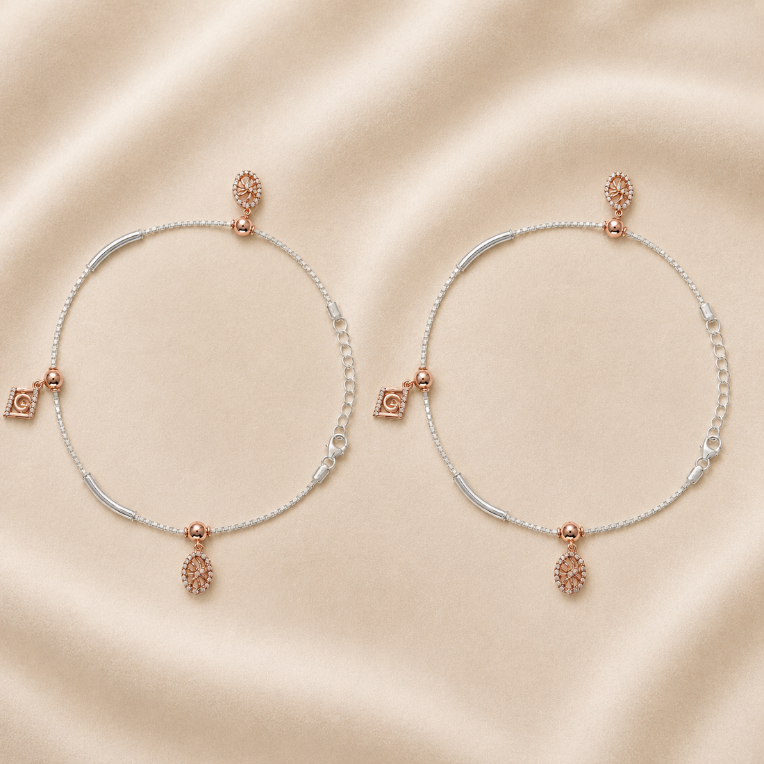 Silvme 925 sterling silver rose-gold CZ charm anklet with a rose-gold square CZ and an oval CZ drop, white background full view