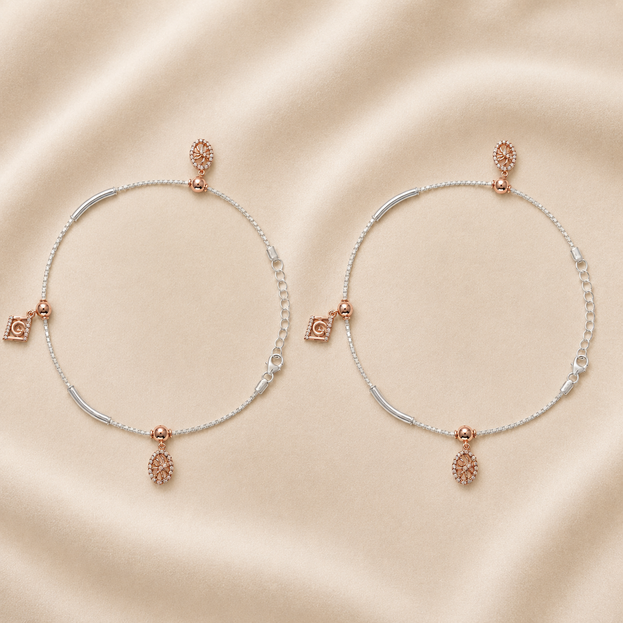 Silvme rose-gold CZ charm 925 silver anklet with a rose-gold square CZ and an oval CZ drop, full-length view