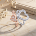 Silvme Heart Halo with cubic zirconia 925 sterling silver heart ring for women, two-tone rose gold and silver, band ring for women, pave ring silver, close-up design detail