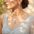 Silvme pure 925 sterling silver peacock fan pendant and drop earrings set with cubic zirconia, full jewellery set view