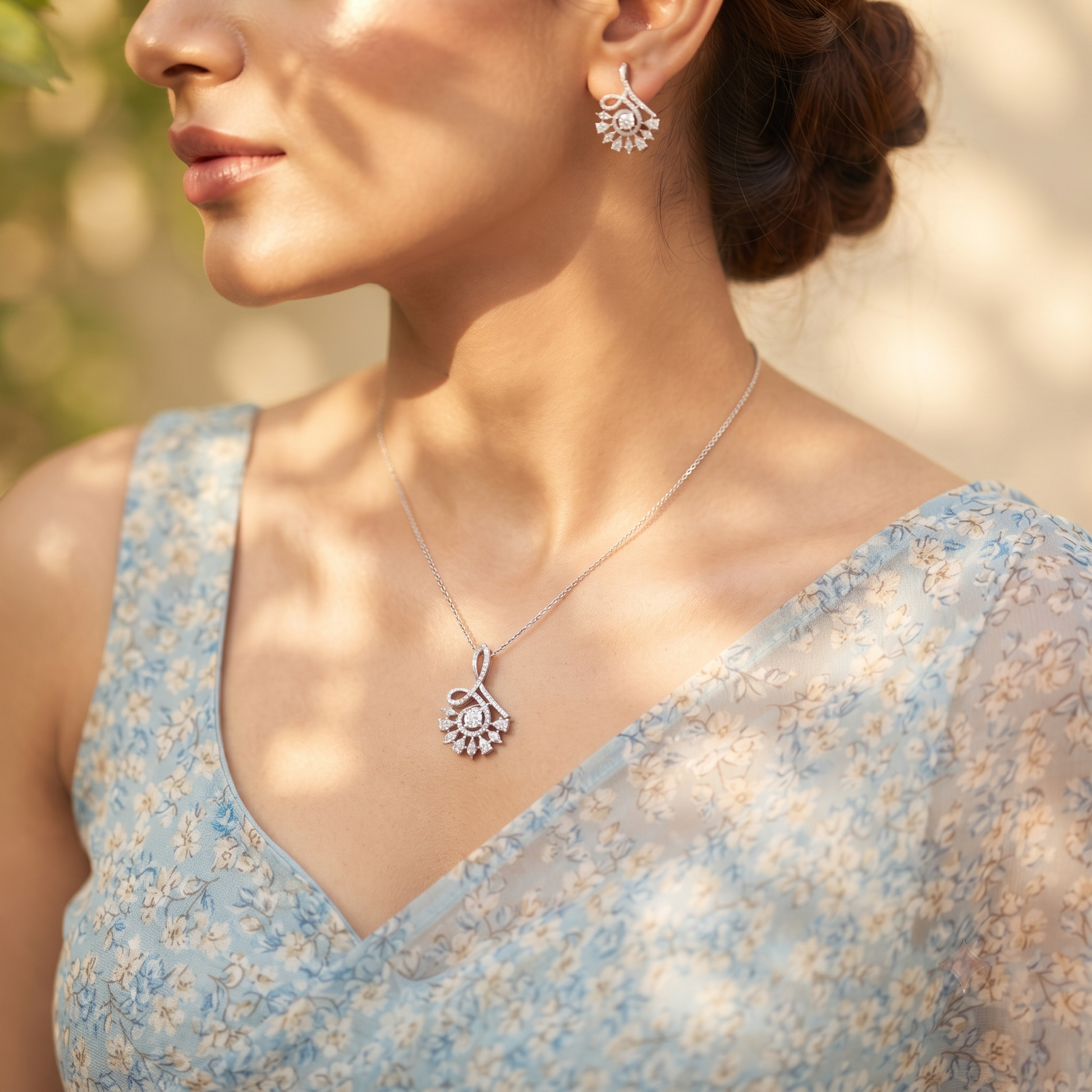 Silvme pure 925 sterling silver peacock fan pendant and drop earrings set with cubic zirconia, full jewellery set view