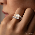 Silvme 925 Sterling Silver Pearl Wave Bypass Ring, round pearl framed by crossover silver waves