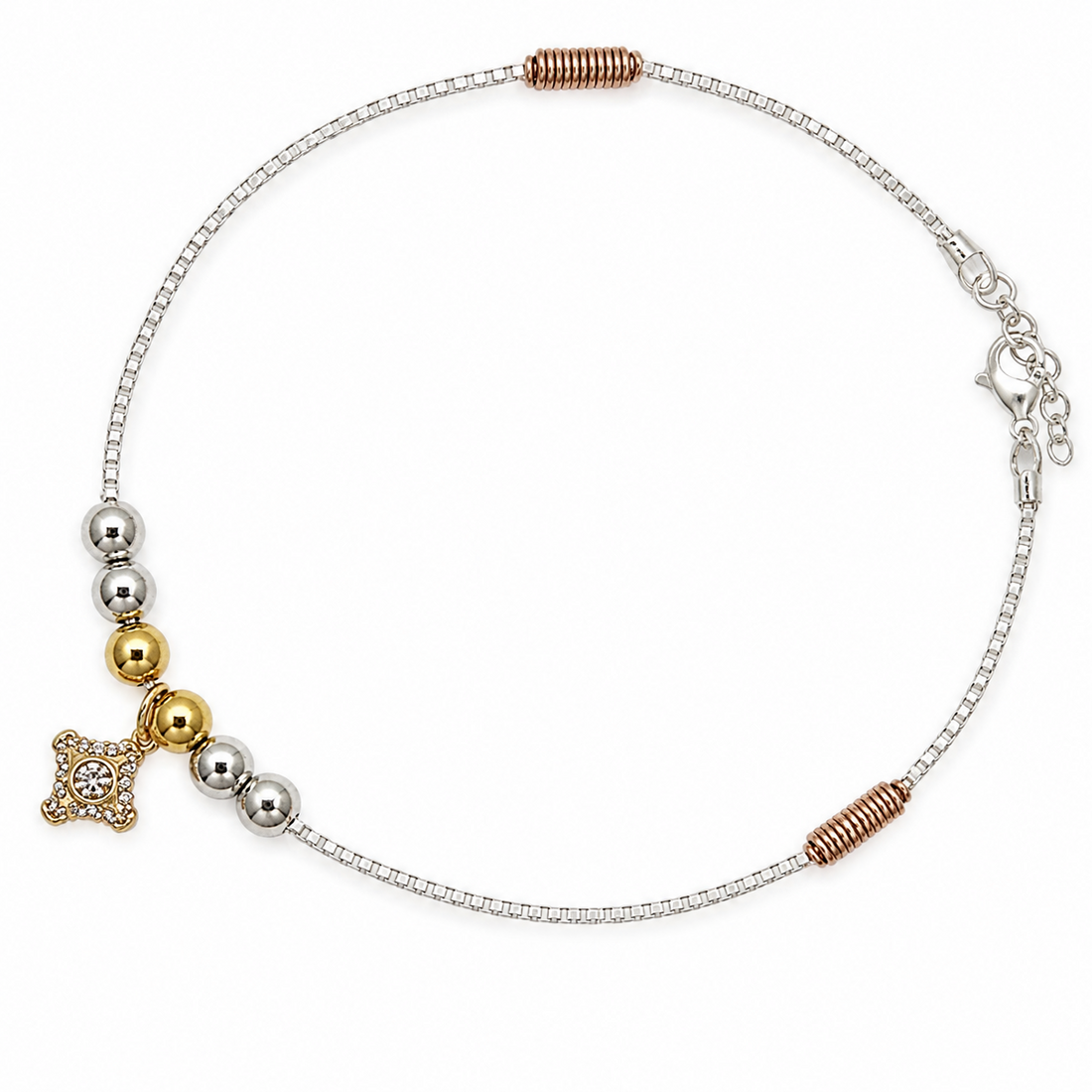 Silvme 925 sterling silver delicate square CZ charm anklet with a dainty square CZ charm on a fine chain, white background full view